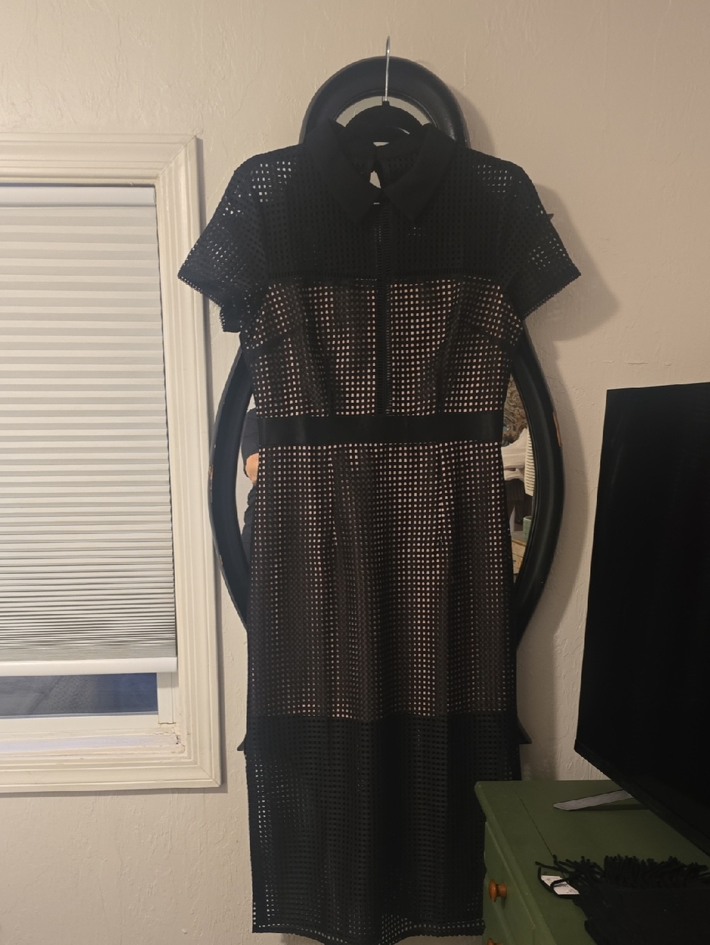 Alisa Pan Black Mesh Short-Sleeve Midi Dress